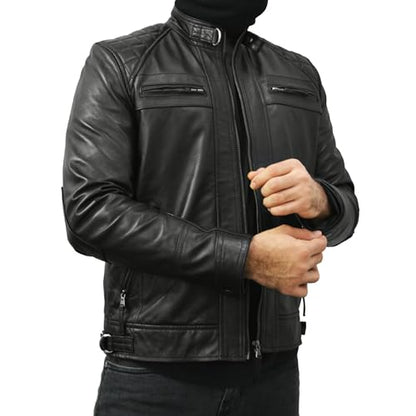 Men Black Real Lambskin Leather Diamond Quilted Biker Jacket