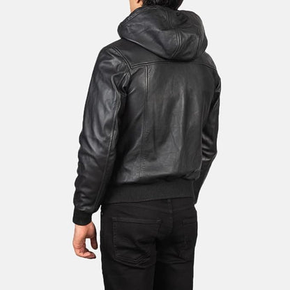 Men's Black Hooded Bomber Lambskin Leather Jacket - Real Bomber Black Jacket Mens-Leather Planet