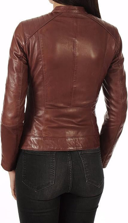 Women's Brown Motocycle Racer Fit Leather Jacket-Leather Planet