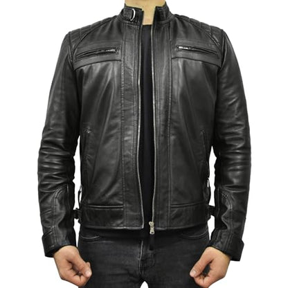 Men Black Real Lambskin Leather Diamond Quilted Biker Jacket-Leather Planet