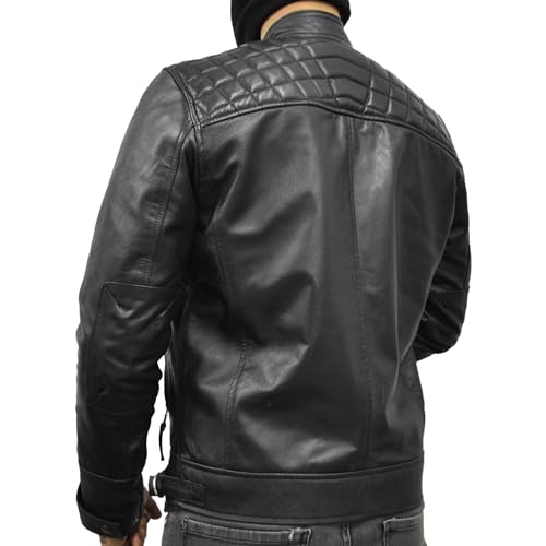 Men Black Real Lambskin Leather Diamond Quilted Biker Jacket-Leather Planet