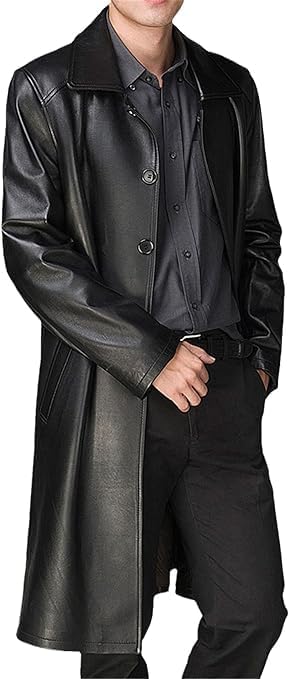 Men's Black Formal Trench Leather Coat - Real OverCoat Single Breasted Leather Coat