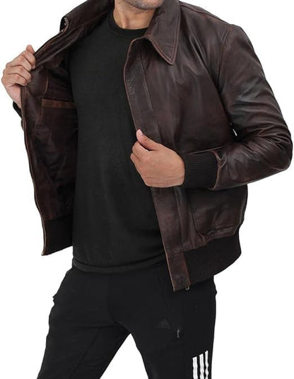 Men's Distressed Brown Bomber Flight Real Leather jacket Men's Aviator Timeless Style - 100% Genuine Racer Slim Jacket For Men's-Leather Planet