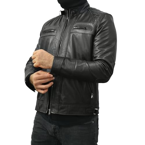 Men Black Real Lambskin Leather Diamond Quilted Biker Jacket-Leather Planet