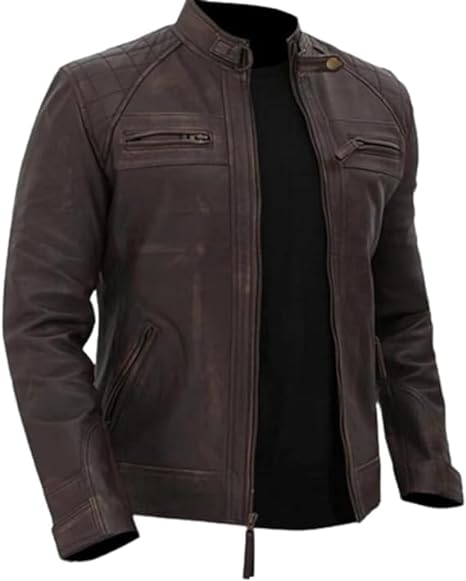 Men's Brown Moto Racer Leather Jacket - Real Quilted Leather Slim Fit Leather Jacket Men-Leather Planet