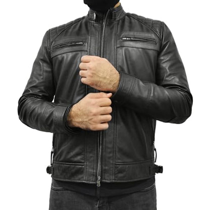 Men Black Real Lambskin Leather Diamond Quilted Biker Jacket-Leather Planet