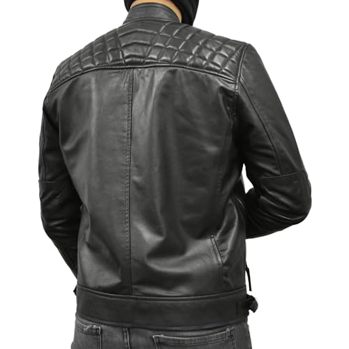 Men Black Real Lambskin Leather Diamond Quilted Biker Jacket