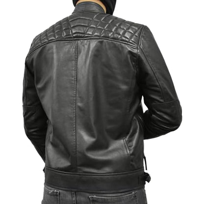 Men Black Real Lambskin Leather Diamond Quilted Biker Jacket-Leather Planet