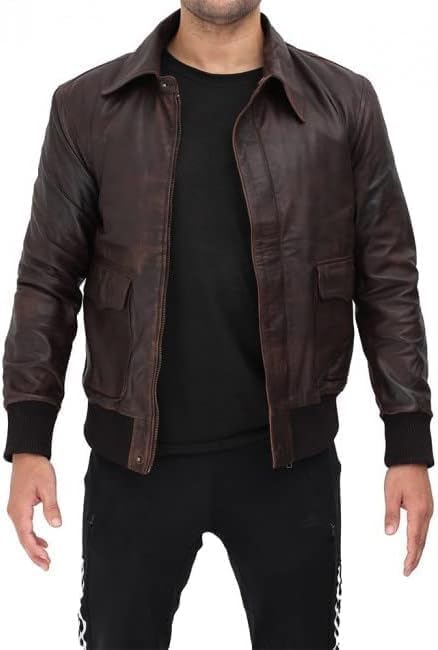 Men's Distressed Brown Bomber Flight Real Leather jacket Men's Aviator Timeless Style - 100% Genuine Racer Slim Jacket For Men's-Leather Planet