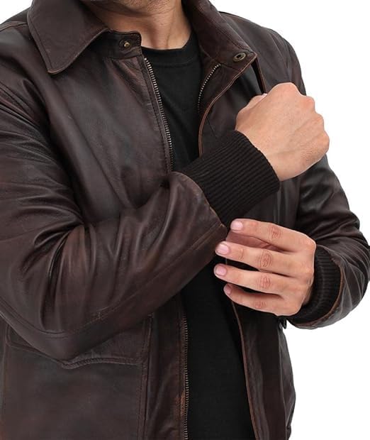 Men's Distressed Brown Bomber Flight Real Leather jacket Men's Aviator Timeless Style - 100% Genuine Racer Slim Jacket For Men's-Leather Planet