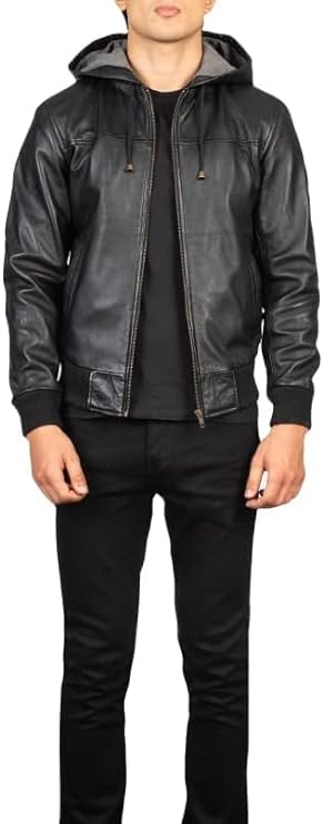 Men's Black Hooded Bomber Lambskin Leather Jacket - Real Bomber Black Jacket Mens-Leather Planet