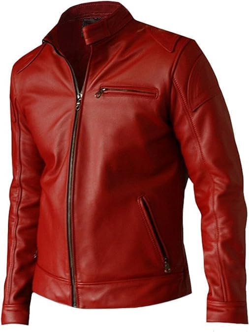 Men Red Jacket Slim Fit Formal Moto Racer Biker Lambskin