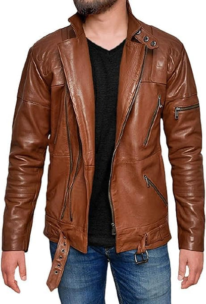 Men's Brown Motorcycle Biker Leather Jacket - Real Sheepskin Leather Belted Slim Fit Jacket Men-Leather Planet