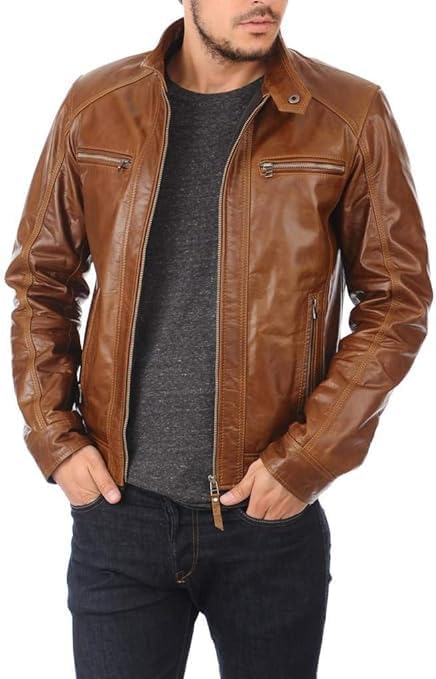 Men's Brown Motorcycle Riding Leather Jacket - Real Lambskin Biker Slim Fit Leather Jacket Men