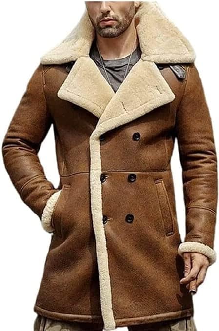 Shearling Brown Leather Genuine Sheepskin Leather Coat Faux Fur B3 Bomber Leather Coat Aviator Coat Men-Leather Planet