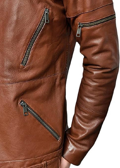 Men's Brown Motorcycle Biker Leather Jacket - Real Sheepskin Leather Belted Slim Fit Jacket Men-Leather Planet