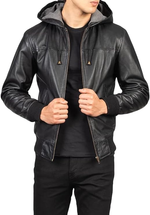 Men's Black Hooded Bomber Lambskin Leather Jacket - Real Bomber Black Jacket Mens-Leather Planet