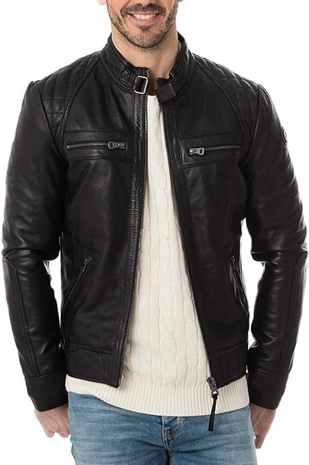 Men's Black Quilted Leather Jacket - Leather Black Racer Jacket - Racing Gift Outerwear-Leather Planet