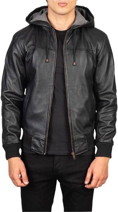 Men's Black Hooded Bomber Lambskin Leather Jacket - Real Bomber Black Jacket Mens-Leather Planet