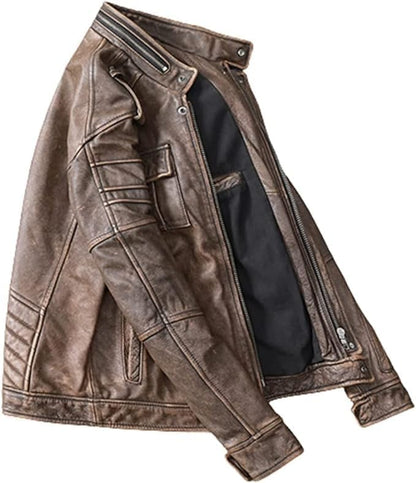 Men's Brown Distressed Leather Jacket - Genuine Vintage Leather Moto Racer Leather Jacket Men-Leather Planet