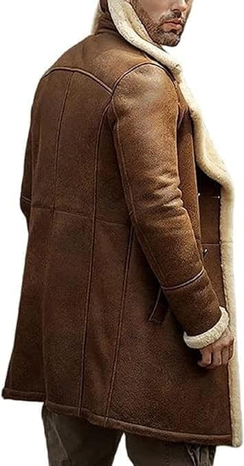 Shearling Brown Leather Genuine Sheepskin Leather Coat Faux Fur B3 Bomber Leather Coat Aviator Coat Men-Leather Planet