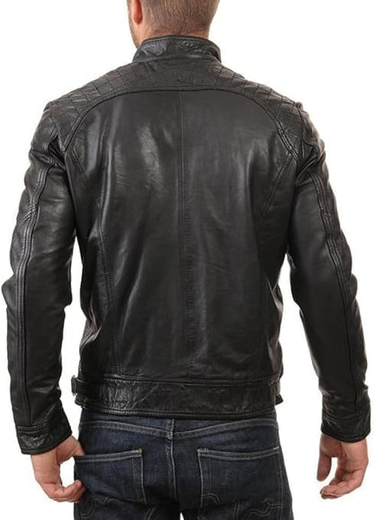 Men's Black Biker Lambskin 100% Genuine Racer Slim Jacket For Men's - Padded Distressed Sheepskin Leather Racer Jacket