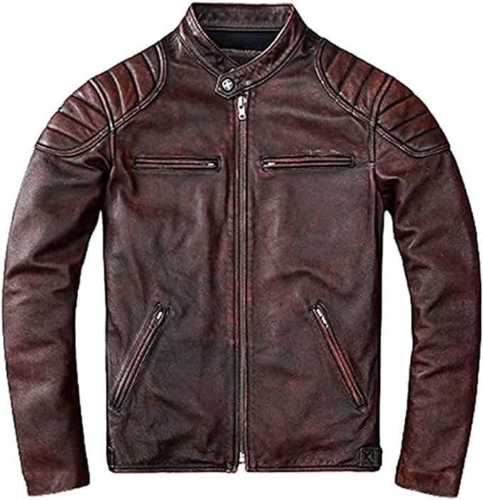 Men's Dark Brown Leather Jacket - Original Quilted Distressed Leather Slim Fit Racer Jacket Men-Leather Planet