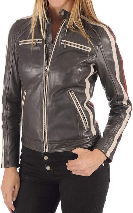 Women Vintage Distressed Jacket Racer Biker Motorcycle Slim Fit Formal Jacket