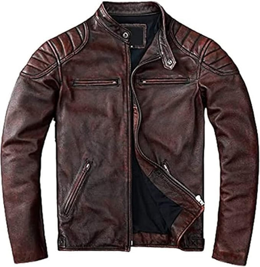 Men's Dark Brown Leather Jacket - Original Quilted Distressed Leather Slim Fit Racer Jacket Men-Leather Planet