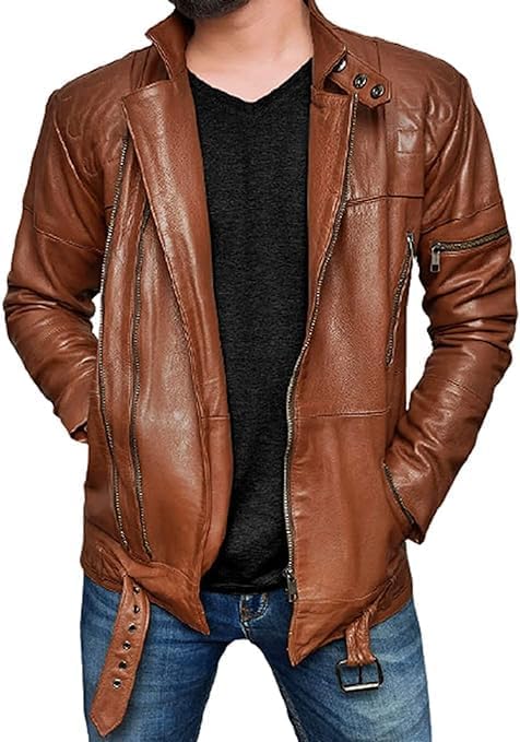 Men's Brown Motorcycle Biker Leather Jacket - Real Sheepskin Leather Belted Slim Fit Jacket Men