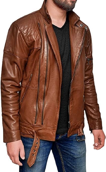 Men's Brown Motorcycle Biker Leather Jacket - Real Sheepskin Leather Belted Slim Fit Jacket Men-Leather Planet