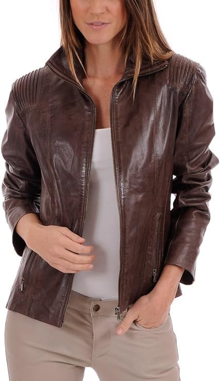 Women's Biker Brown Lambskin Leather Jacket - Racer Real Leather Slim fit for women-Leather Planet