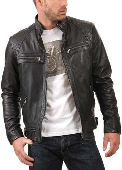 Men's Black Biker Lambskin 100% Genuine Racer Slim Jacket For Men's - Padded Distressed Sheepskin Leather Racer Jacket-Leather Planet