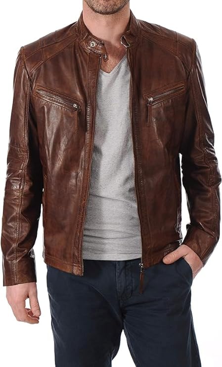 Men Brown Leather Jacket Slim Fit Formal Zipper 