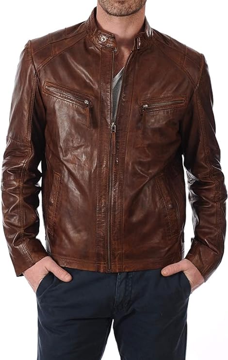 Men's Antique Brown Biker Leather Jacket - Slim Fit Double Zipper Jacket For Men Gift-Leather Planet