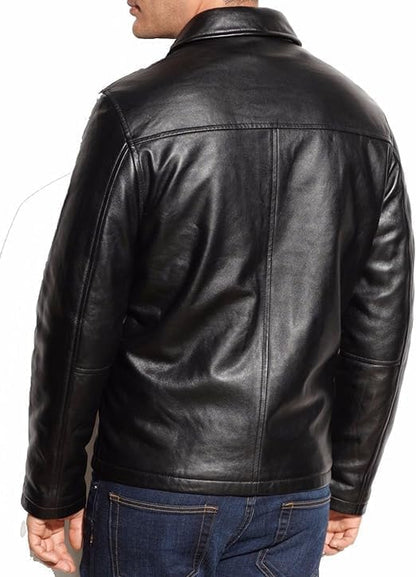 Men's Black Motorcycle Bomber Jacket - Biker Style Outerwear Zipper Black Jacket - Distressed Sheepskin Leather Racer Jacket-Leather Planet