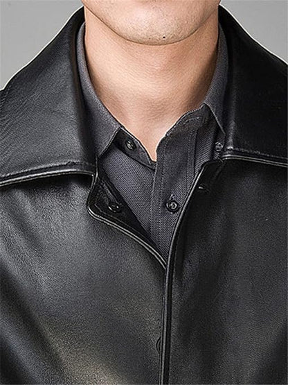 Men's Black Formal Trench Leather Coat - Real OverCoat Single Breasted Leather Coat-Leather Planet