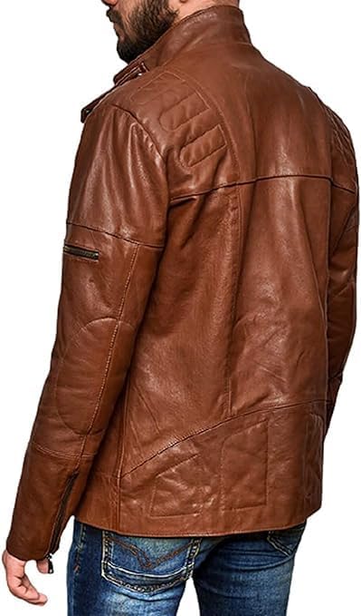 Men's Brown Motorcycle Biker Leather Jacket - Real Sheepskin Leather Belted Slim Fit Jacket Men-Leather Planet