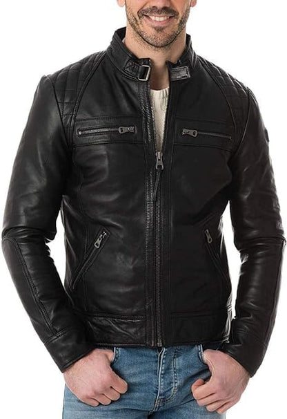 Men's Black Quilted Leather Jacket - Leather Black Racer Jacket - Racing Gift Outerwear-Leather Planet