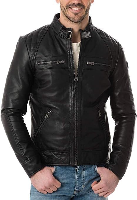 Men Black Leather Jacket Slim Fit Formal Zipper 
