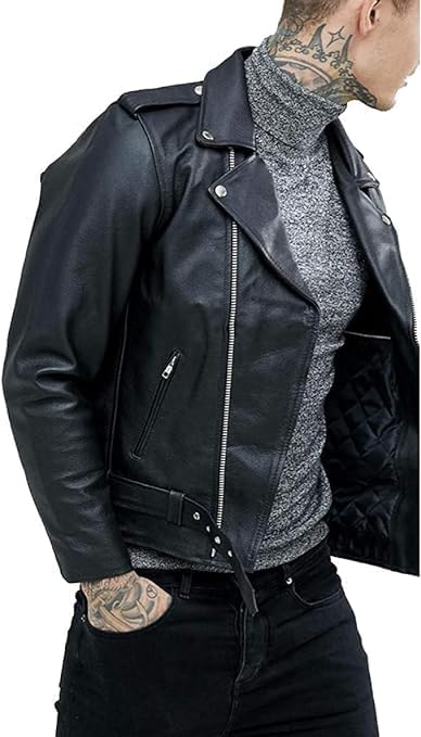 Men's Black Motorcycle Biker Rider Lambskin Leather Jacket - 100% Real Retro Slim Fit Outerwear Jacket-Leather Planet