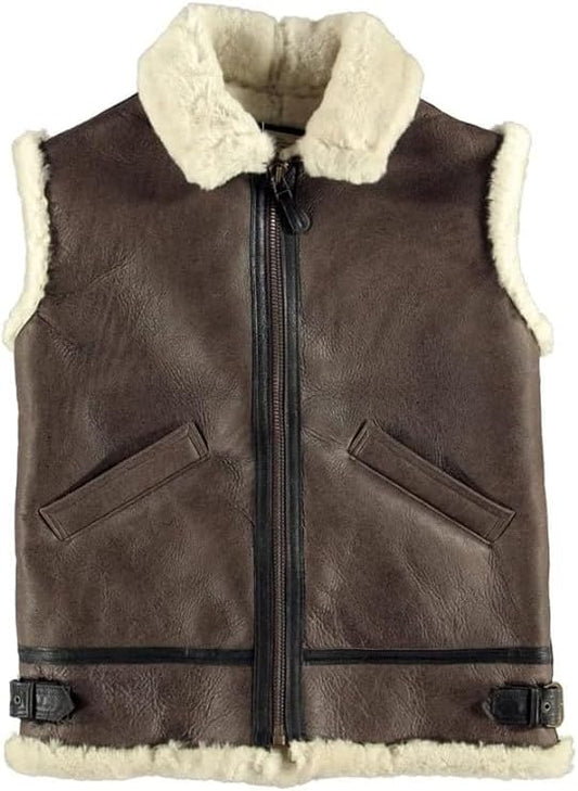 Men's Brown B3 shearling Leather Vest - Real Sheepskin Faux Fur Brown Leather Sleeveless Jacket Men-Leather Planet