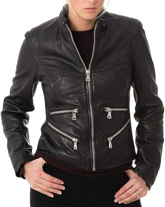 Women Black Jacket Racer Biker Motorcycle Slim Fit Formal Jacket