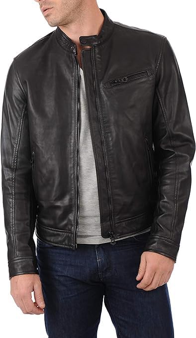 Men Black Racer Leather Jacket - Gun Metal Zipper Slim Fit Sheepskin Jacket - Gift For Men