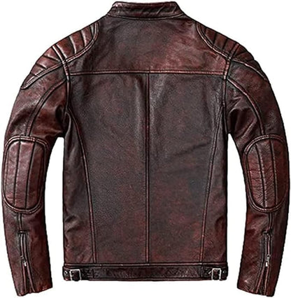 Men's Dark Brown Leather Jacket - Original Quilted Distressed Leather Slim Fit Racer Jacket Men-Leather Planet