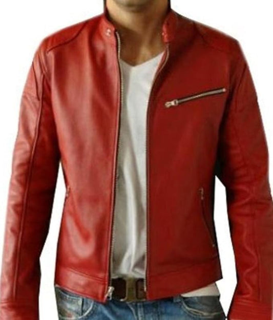 Men Red Slim Fit Formal Lambskin Leather Jacket