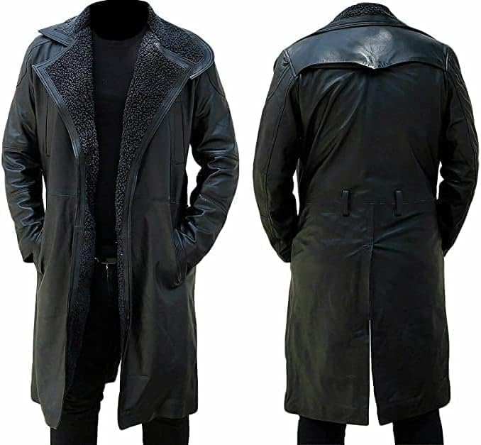 Men's Black Ryan Blade Gosling Runner Long Coat - Black Faux Fur Leather Coat-Leather Planet