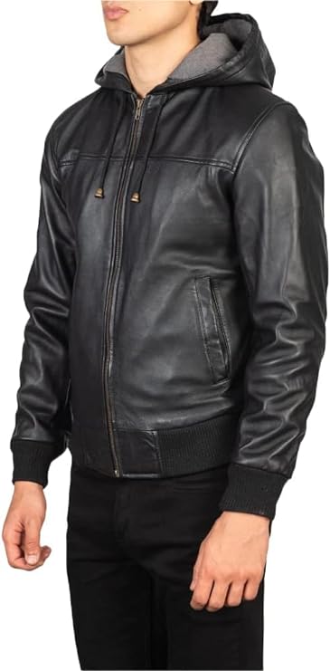 Men's Black Hooded Bomber Lambskin Leather Jacket - Real Bomber Black Jacket Mens-Leather Planet