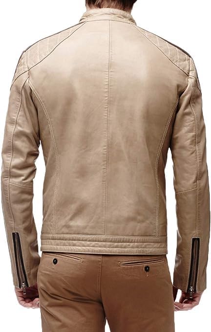 Men's Beige Motorcycle Biker Leather Jacket - Real Vintage Quilted Slim Fit Leather jacket Beige Men