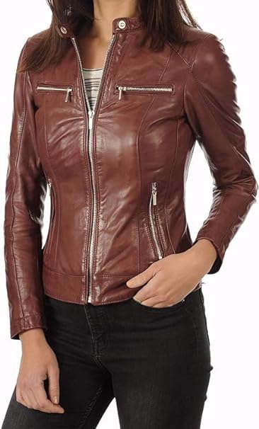 Women's Brown Motocycle Racer Fit Leather Jacket-Leather Planet